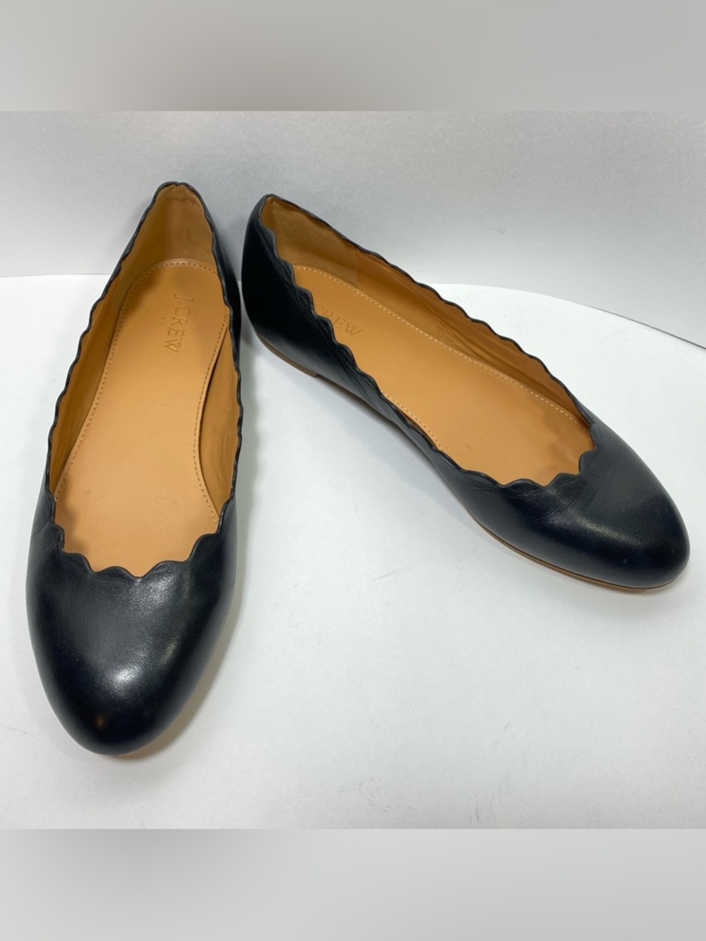 J.CREW Ballet Flats Scalloped Edge Black Leather Office Career Y2K Womens Sz 8.5